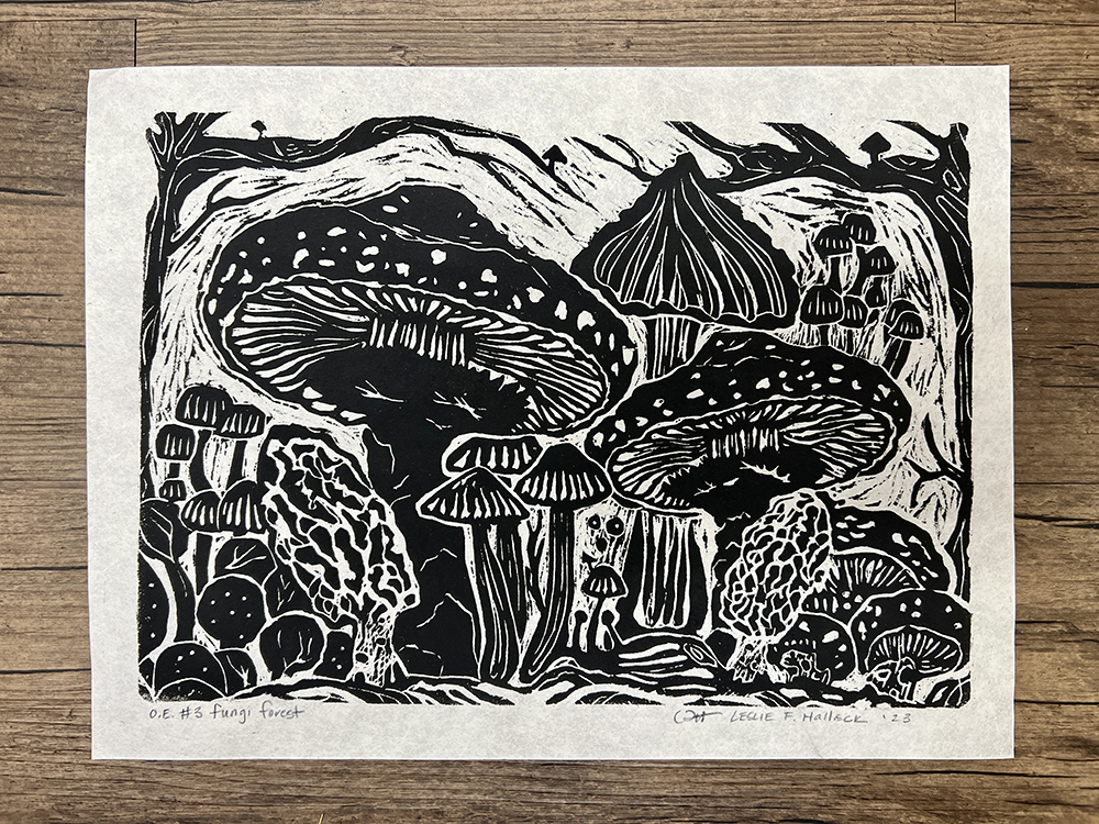 Fungi Forest, Woodblock print, Halleck